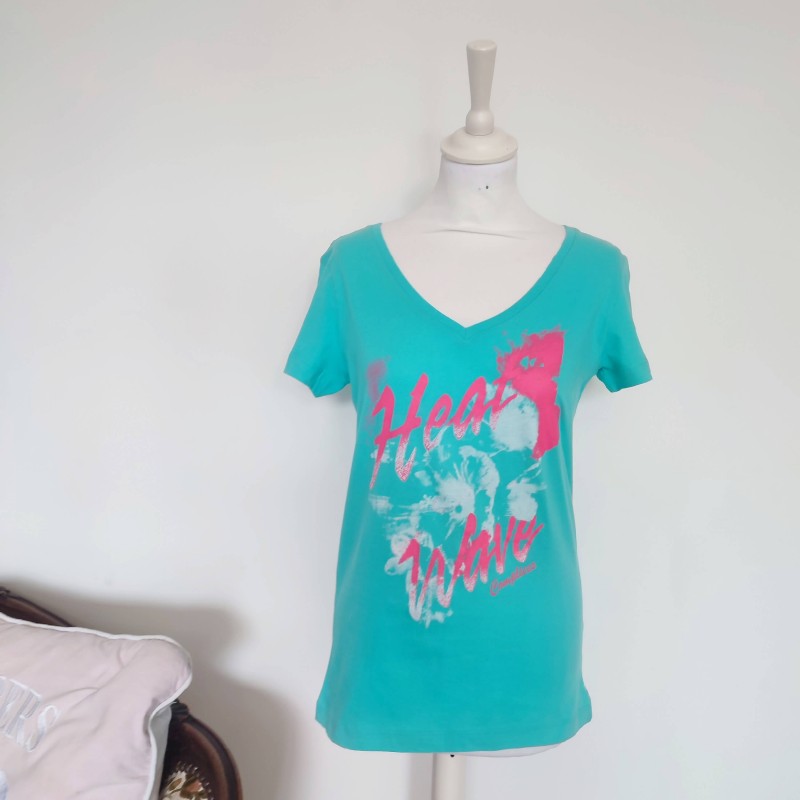 T-shirt en V turquoise inscription rose T 42-44 Complices